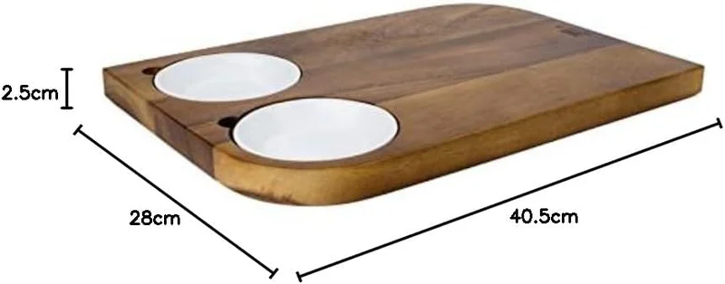 BILLI Billi Wooden Serving Board With 2 Pcs Ceramic Dip Bowl, Wooden Steak Plate Food Platter, Brown/White